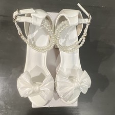 White Satin Open Toe Bridal Shoes Bow Pearl Ankle Strap Med Heel