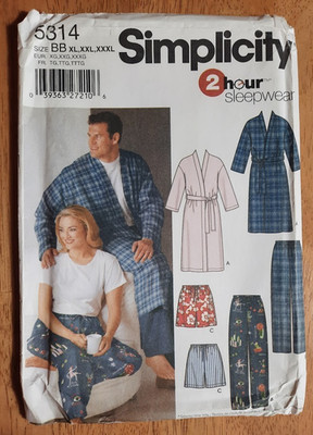 Simplicity 5314 Men's Women's Pajamas Robe Sewing Pattern UNCUT XL-XXXL