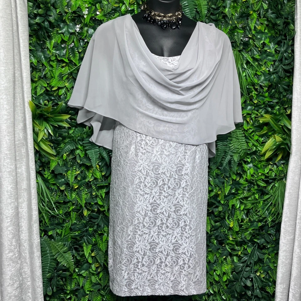 Jessica Howard Dress Size 18W Silver Special Occasion Lace Overlay Capelet 3274 - Image 3 of 4