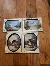 Vintage Lot Of 4 Genuine Oil Paintings On Canvas Hand Painted Framed Nature Tree