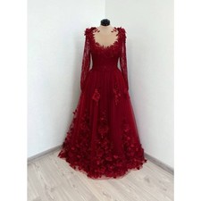 Red Gothic 3D Floral Lace Wedding Dresses Long Sleeves O-Neck Bridal Gowns Train