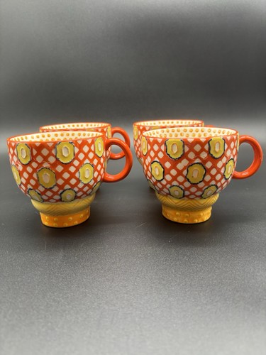 Anthropology Geometric Mug Cup Footed 12 Oz Orange Yellow White Set Of 4