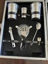 Vintage Mid Century TRAV-L-BAR Travel Bar Ware Cocktail Set with Bar Tools Green