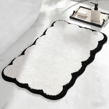 Cute Scalloped Microfiber Tufted Bathroom Rug Bath Mat White Black 30x20 Inch