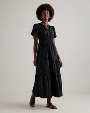 Quince 100% Organic Cotton Poplin Tiered Maxi Dress Black Basic Sleeved L