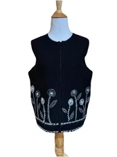 Herman Geist Black Wool Vest With Embroidered Flowers Full Zip Size Medium 