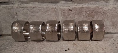 Vintage Set 6 Silver Plated Engraved Leaf Napkin Rings Wide Band Elegant Decor