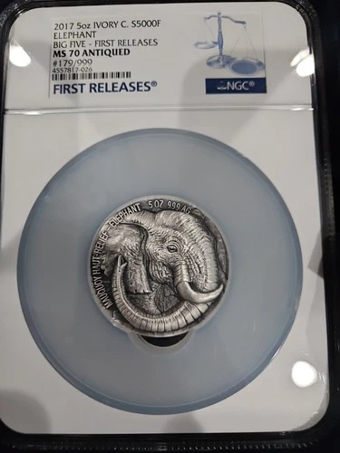 2017- Ivory Coast- Big 5 Elephant- 5oz- First Release- NGC- MS 70 Antiqued