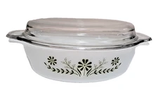 Vtg Oval Casserole Dish & Lid #433 Jeanette Glasbake Green Daisy 1.5 Qt w/ Lid!
