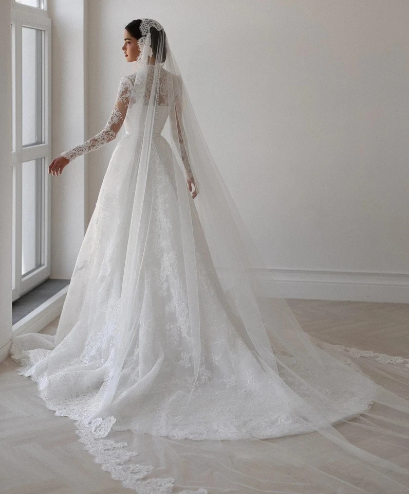 Elegant A-Line Wedding Dresses Boat Neck Full Sleeves Lace Applique Bridal Gowns - Image 2 of 4
