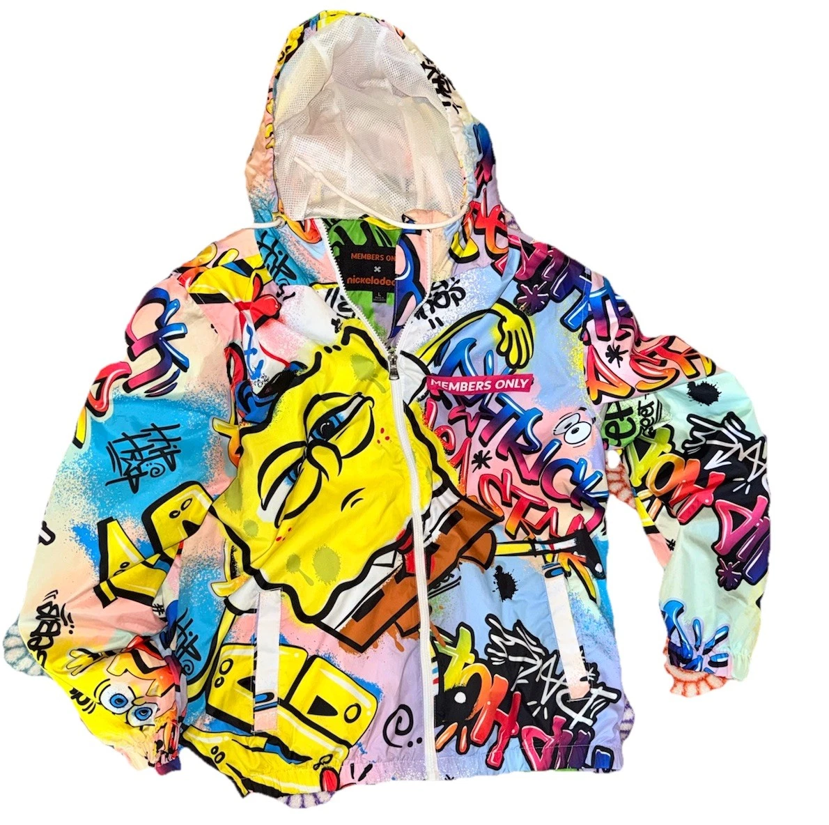Members Only x Nickelodeon Sponge Bob White Windbreaker Jacket Hooded Large