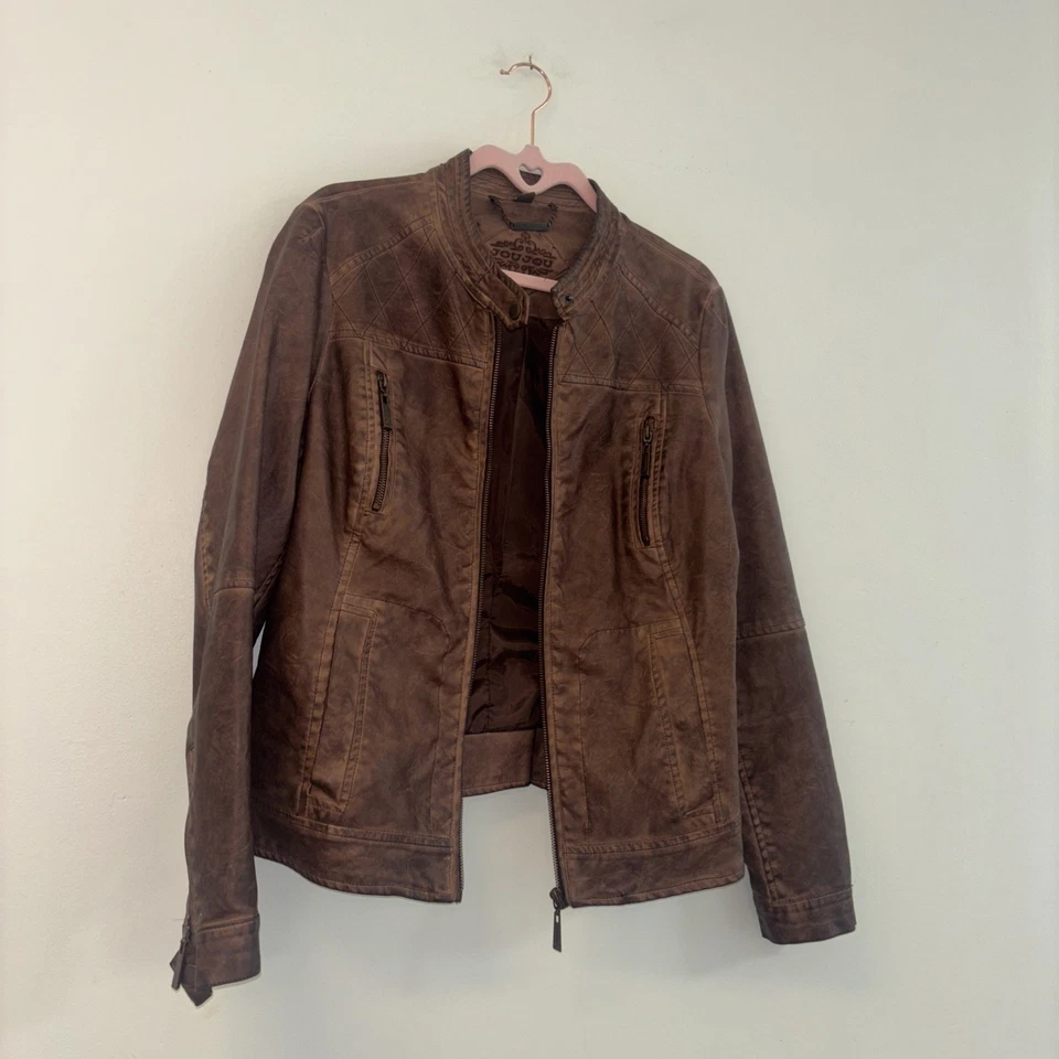 VTG Juju Faux Leather Women’s Jacket Sz Lg Boho Folk Bomber Coat Brown Chore Y2K - Image 3 of 4