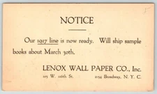 1917  Lenox  Wallpaper Company  New York City  Postal Card Postcard