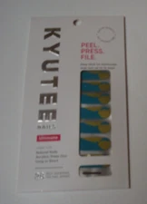 Kyutee Glamorous Teal & Gold Pack of 28 Self Adhesive Gel Nail Wraps. NEW