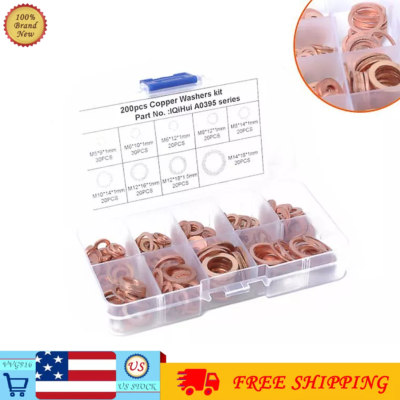 #ad 200* Copper Crush Washer Gasket Set Flat Ring Seal Assortment Kit For M5 M14 Kit $10.79