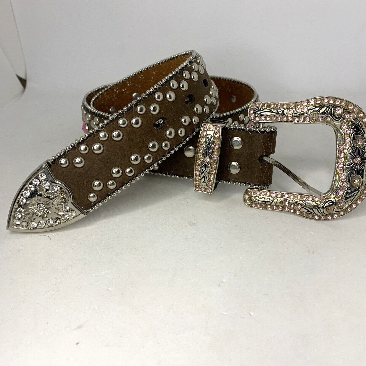 Blazin Roxx Belt Brown Leather Pink Crystal Rhinestones 