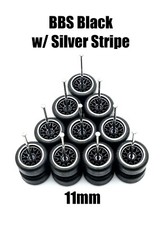 5x Set Black Silver Stripe BBS Type Real Rider Wheel W/ Rubber Tire 1/64 Scale