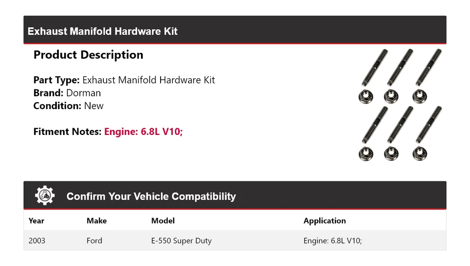 Kit de herrajes de colector de escape Dorman V10 6,8 L para Ford E-550 Super Duty 2003 Foto 2 de 4