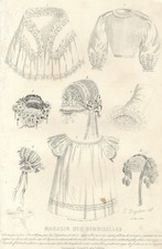 Stampa antica MODA FRANCESE CUFFIE E ALTRI DETTAGLI 1856 Old Antique print