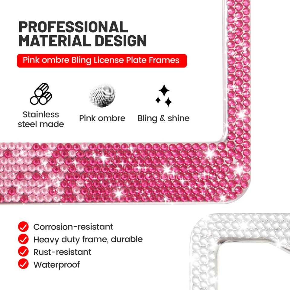 2x Bling Marco de matrícula de coche Cristal Estrás Etiqueta Cubierta Gradiente Rosa Dama Foto 3 de 4