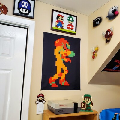 8 bit Samus Aran Metroid banner 18x24'' tapestry NES wall flag retro game room