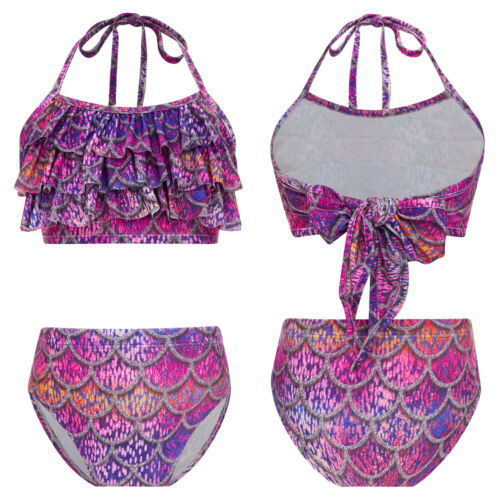Kids Girl's Vest With Bottoms Set Summer Swim Outfit Fish Scale Print Swimwear - Picture 10 of 69