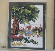 Vtg Artcraft Concepts Long Stitch Embroidery Kit Child on Swing Little Girl Dog