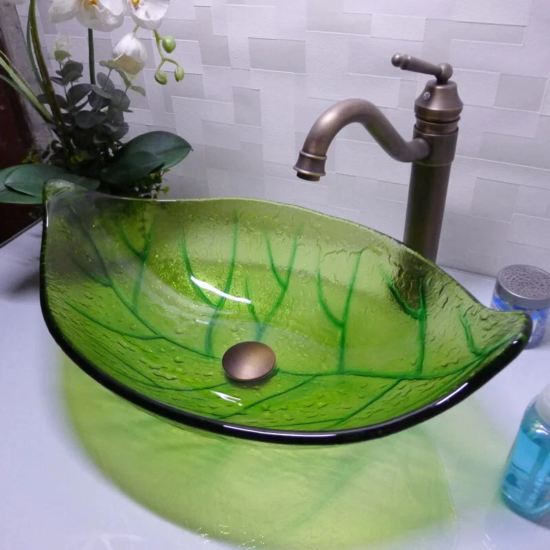 Leaf Shape Cloakroom Tempered Glass Basin Bathroom Green Counter Top Sink HX015 - Image 4 of 4