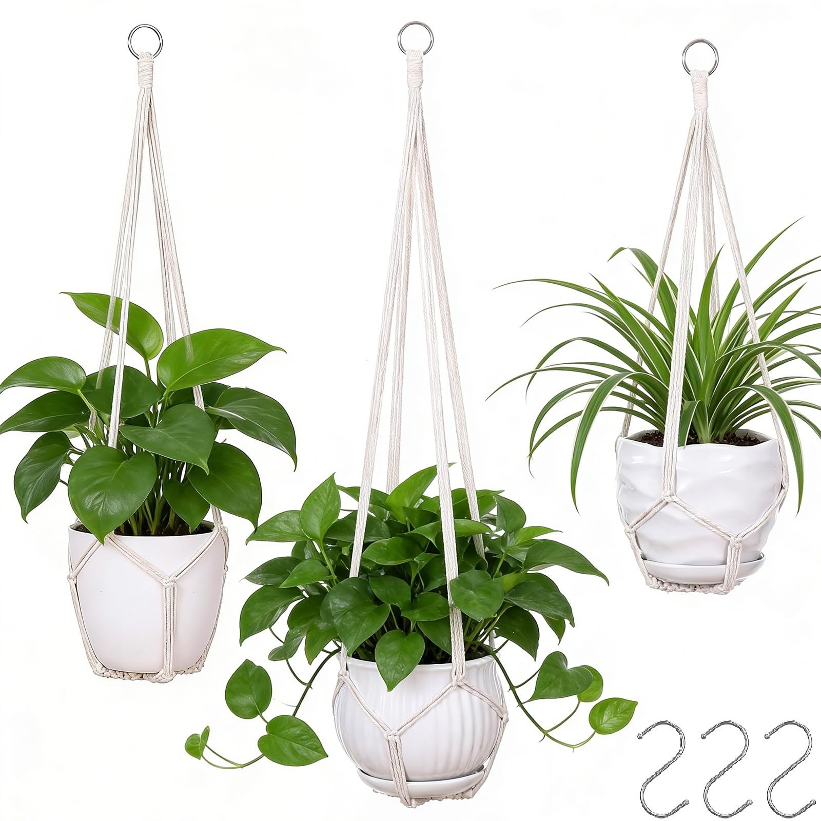 3 Pack Black Macrame Plant Hanger Indoor Hanging Planter Basket with 3 Hooks, 35