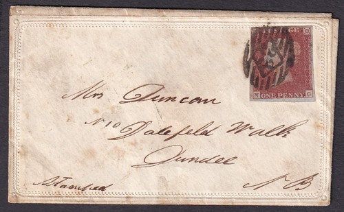 1853 ALPH 2 SG8 1d ROTBRAUNE PLATTE 168 AUSGEFALLENER UMSCHLAG LONDON NACH DUNDEE (NG)