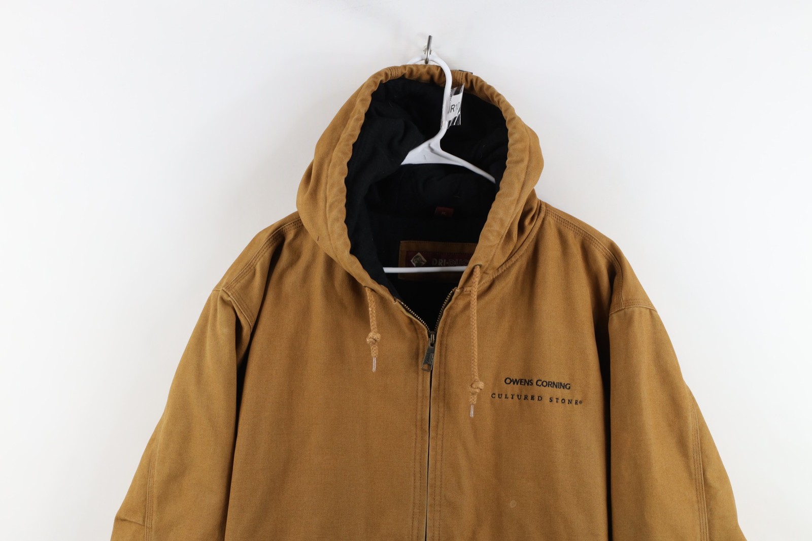 Vintage Mens XL Distressed Owens Corning Quilted Canvas Hooded Work Jacket Brown