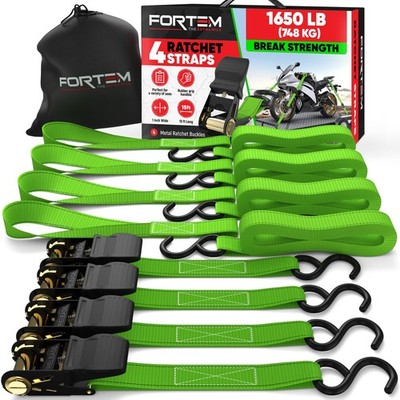 FORTEM Ratchet Straps, Tie Down Strap Set 1650lb Breaking Strength, Green 