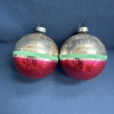 2 Vintage Franke Ornaments Brushed Silver Red and Green Stripe Made in USA