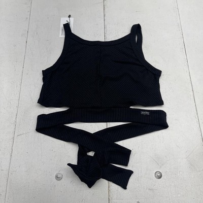 AWow! ACTIVEWEAR Tank Top Womens Large Black Ribbed Wrap Tie Cropped Athletic