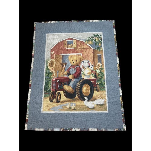 Trapunta coperta bambino trattore fattoria orsacchiotto vintage blu rossa asilo nido da appendere a parete