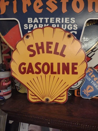 VINTAGE SHELL PORCELAIN SIGN GAS STATION ADVERTISING OIL LUBE SERVICE GARAGE AD