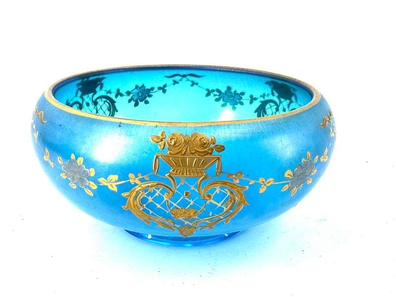 Antique bohemian style blue and gold handpainted bowl