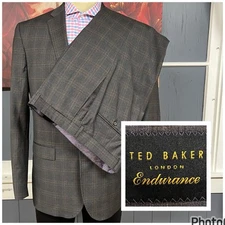 Ted Baker Suit 2Pc Set Mens 44L Long Wool Pants 37x31 Taper Gray/Brown Plaid
