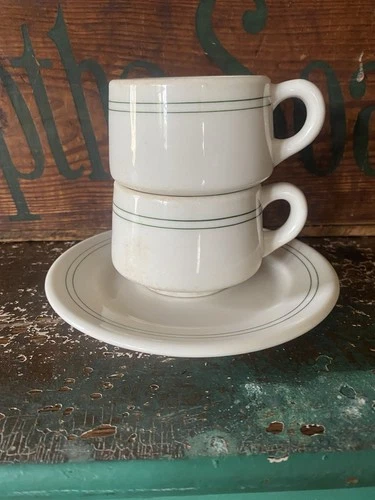 VTG Syracuse China Restaurant Ware Green Stripe White Coffee 2 Mugs, 1 Dish