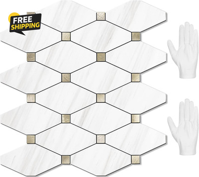 10 Sheets Peel and Stick Dolomite Mosaic Tile, White Marble Look PVC Mixed