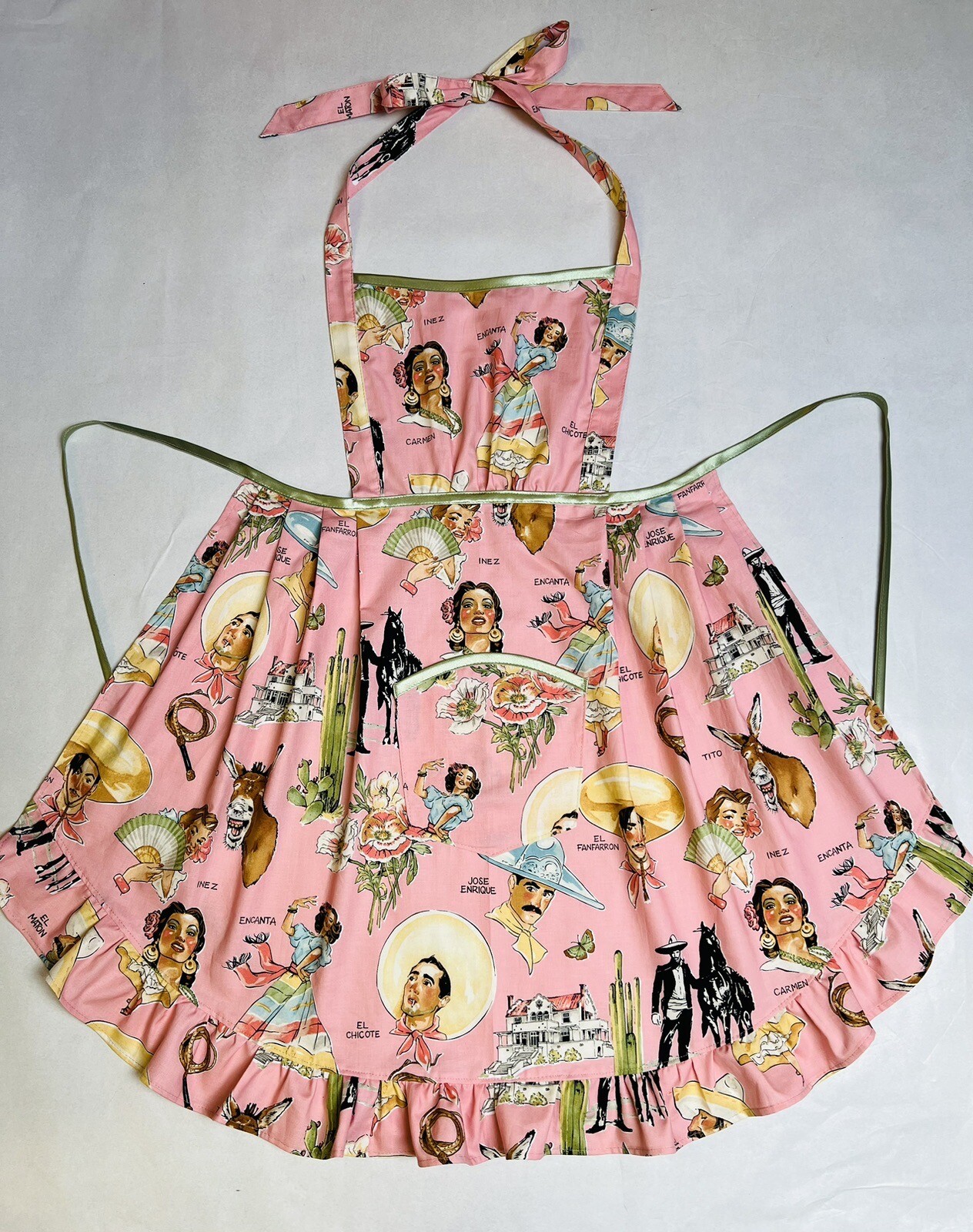 Delantal Rosa Volantes Glamour Mexicano Pin Up Señoritas Raro Diseñador Estampado Hecho a Mano