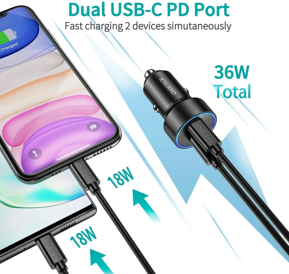 Cargador Coche USB-C Doble Puerto 40W PD 3.0 Adaptador Carga Rápida iPhone 12 SE 11 S20 Foto 3 de 4