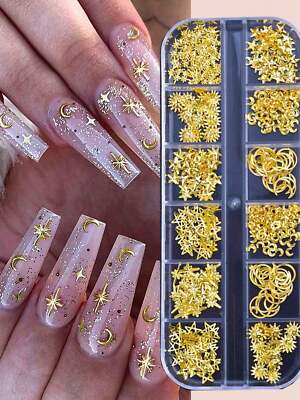 12 Grids Moon Star Nails Gold Metallic Nail Sequins Charms 3D Nail Art Tips