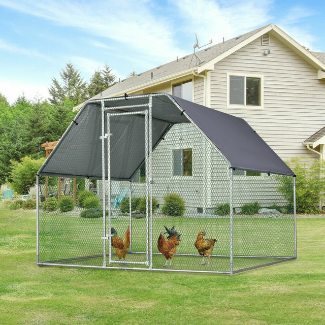 PawHut Galvanized Metal Chicken Coop Cage With Cover Walkin Pen Run