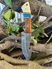 Custom Made Damascus Knife Gut-hook Fixed Blade Full Tang W/ Leather Belt Sheath