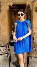 Zara Blue Pleated Cape Mini Dress  S UK10 Bnwt