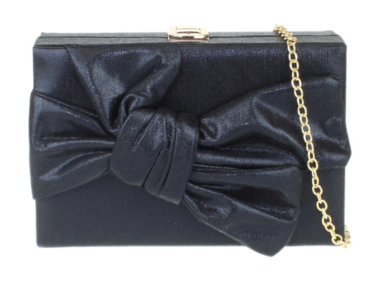Ladies Glitter Hard Compact Clutch Bag Big Bow Rose Gold Evening