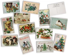 Antique Christmas Animals Post Cards on Luxury Antique Textured Cardstock 24 Vin