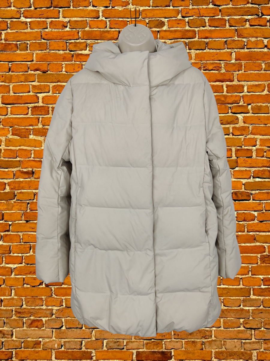 UNIQLO BEIGE COAT LARGE DUCK FEATHER WOMENS HOODED STONE PADDED