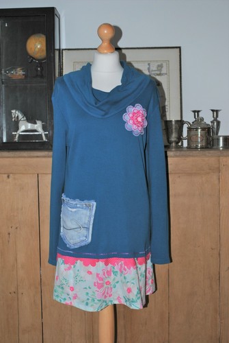 Altered Deconstructed Blue Cowl Neck Top Tunic Sustainable Fashion Size UK 16 - Picture 2 of 12